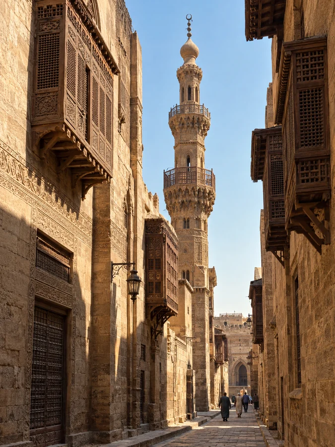Eine schmale Gasse im Islamischen Kairo mit hölzernen Maschrabiya-Balkonen und einem Mamelucken-Minarett