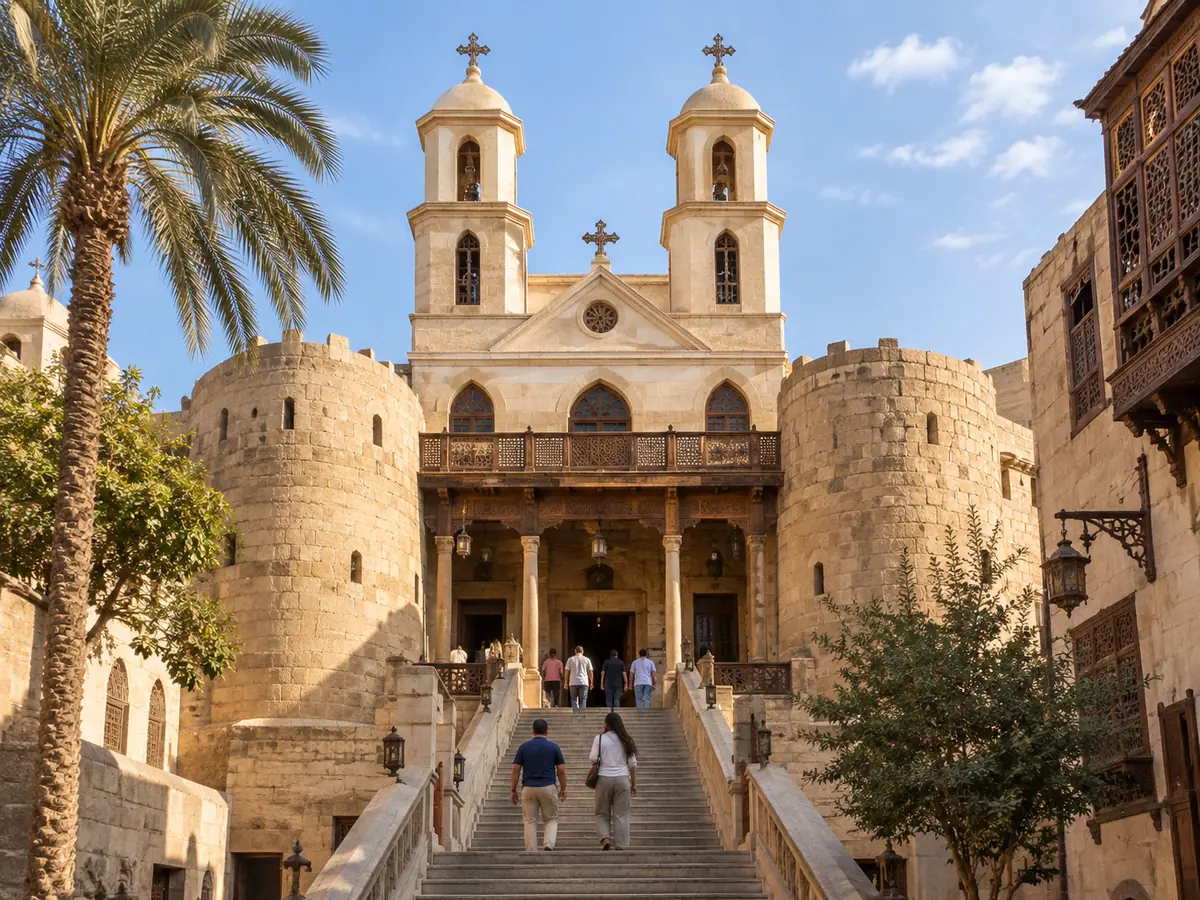 Die Zwillingstürme und die steinerne Treppe der Hängenden Kirche im Koptischen Kairo