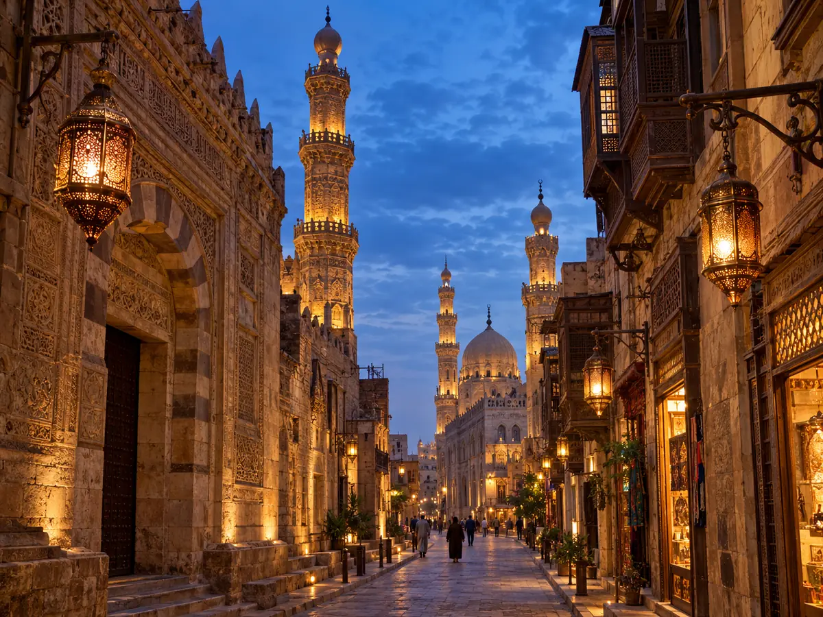 Die Al-Muizz-Straße in der Dämmerung mit Laternen, geschnitzten Fassaden und Minaretten